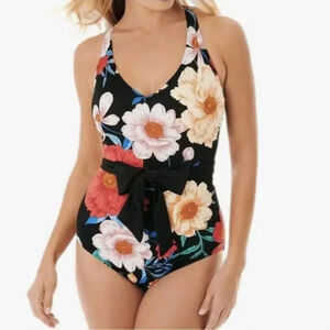 Dreamsuit Swimsuit Size 8 Black Floral Mircle Brands One Piece Slimming Control